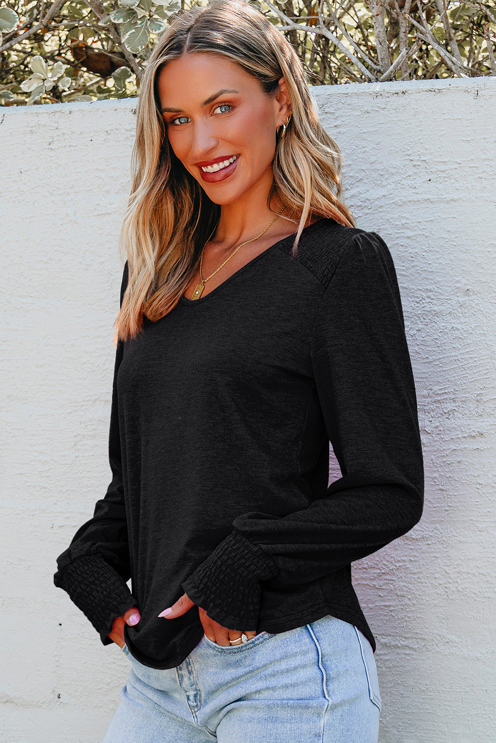 Beige Shirred Shoulder Frilled Cuffs Long Sleeve Top