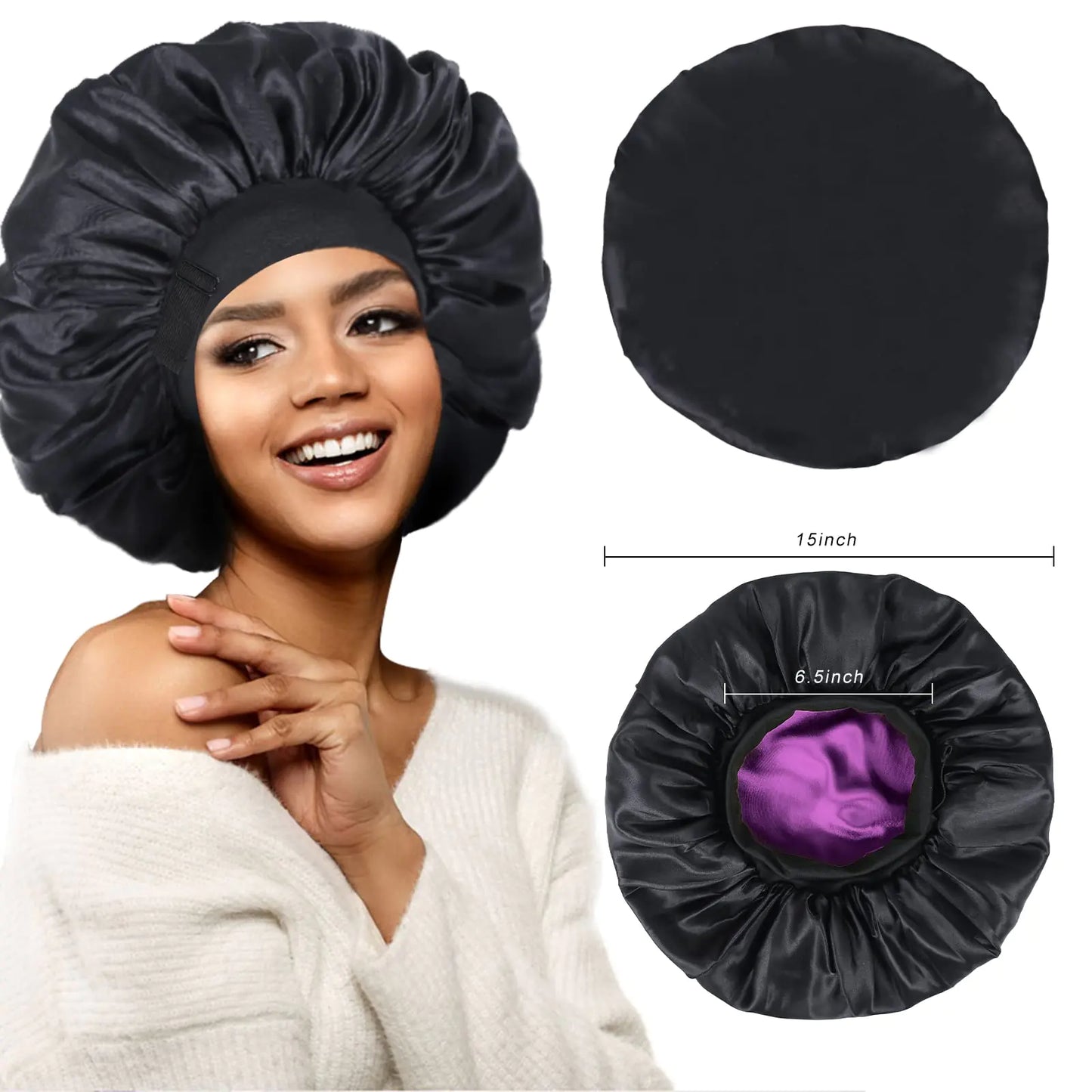 Silk Bonnet for Sleeping Double Layer Satin Bonnet Adjustable Bonnets for Black Women Sleep Cap Reversible Hair Bonnet for Curly Hair (Black and Purple) Black and Purple