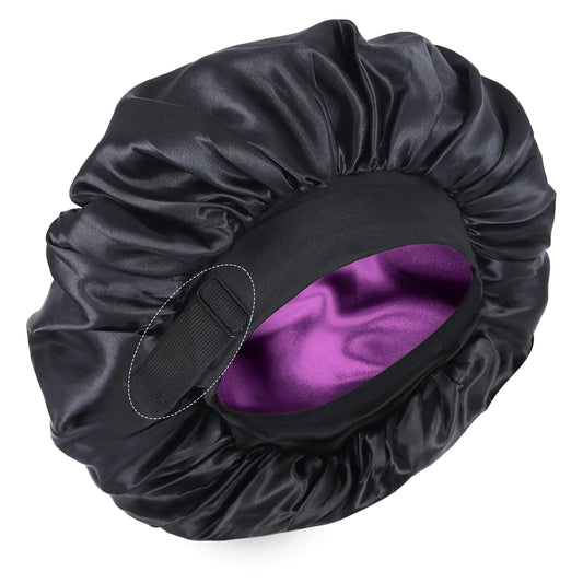 Silk Bonnet for Sleeping Double Layer Satin Bonnet Adjustable Bonnets for Black Women Sleep Cap Reversible Hair Bonnet for Curly Hair (Black and Purple) Black and Purple