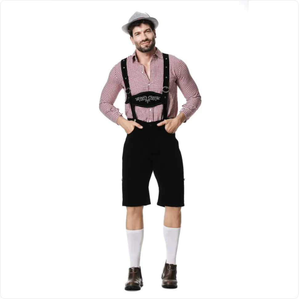 Men’s Oktoberfest Costume - Plaid Shirt, Bib Shorts, & Hat Set