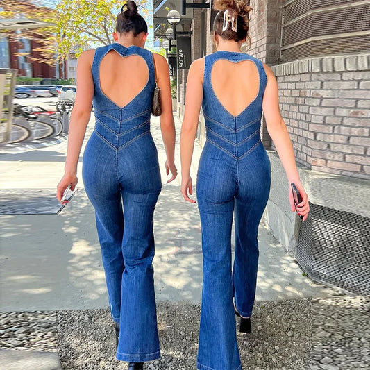 Heart-Shaped Backless Denim Halter Jumpsuit