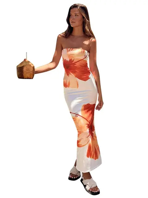 Women's Flower Print Off-Shoulder Beach Dress