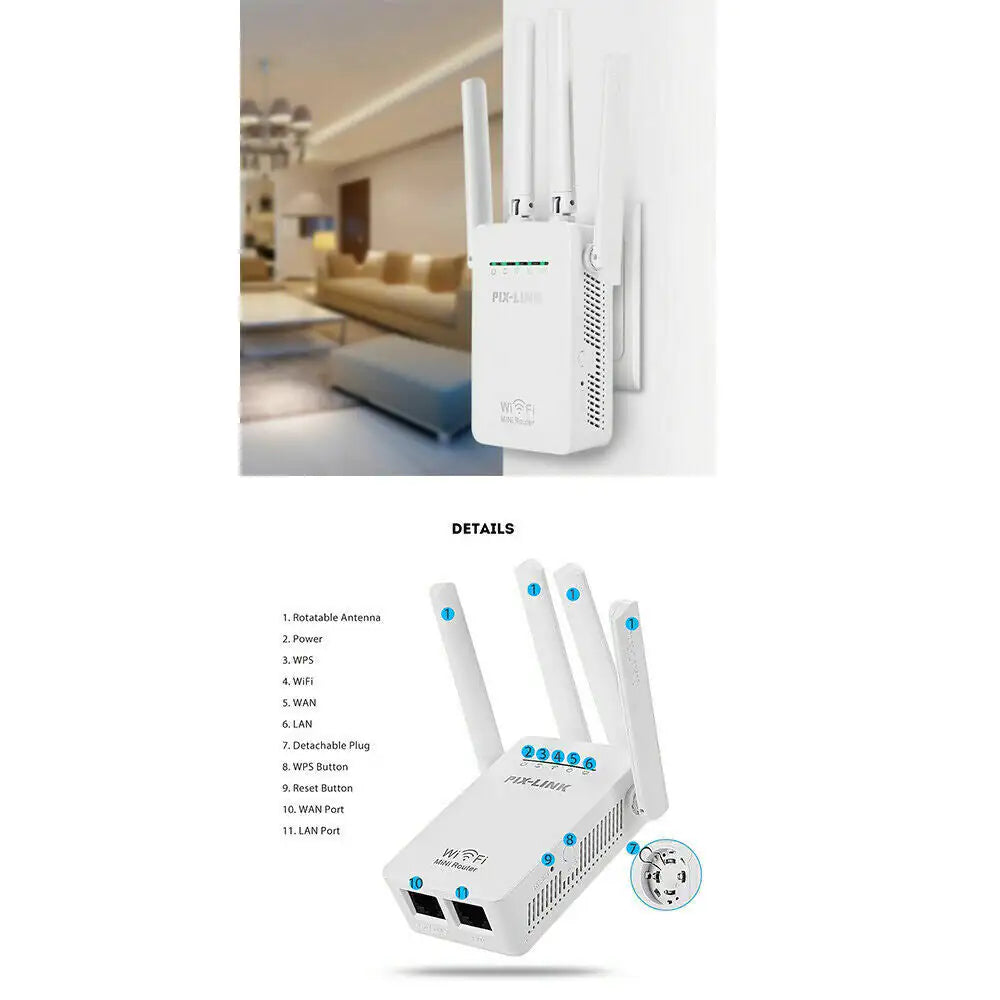 1200Mbps WiFi Range Extender Repeater Wireless Amplifier Router Signal Booster