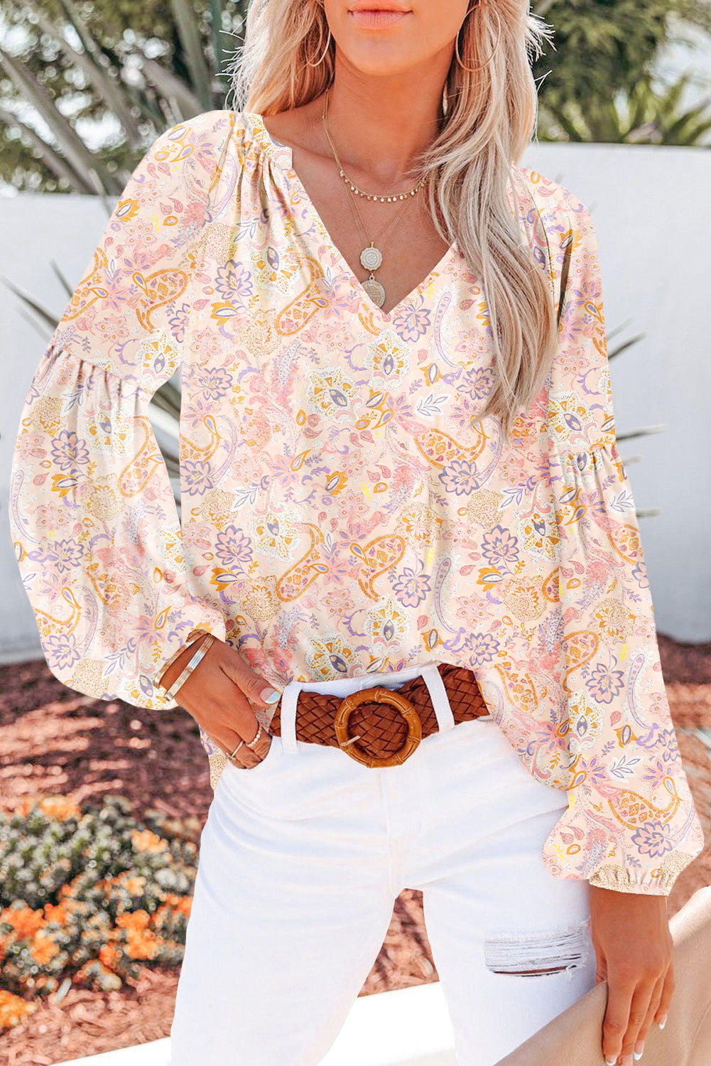 Yellow Floral Print V Neck Long Puff Sleeve Top