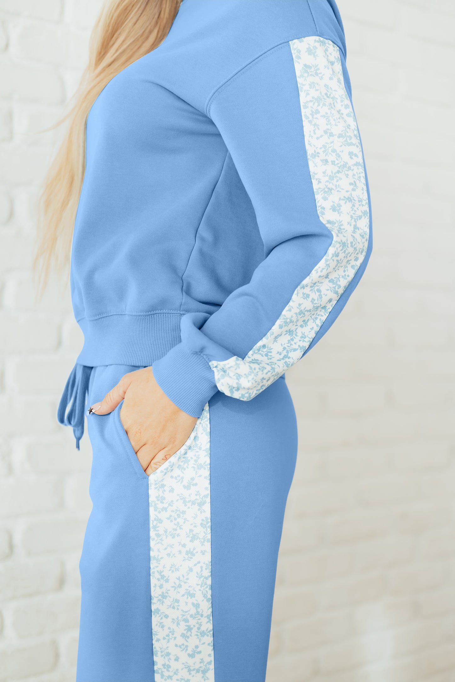 Beau Blue Floral Patchwork Drop Shoulder Pullover and Sweatpants Lounge Set