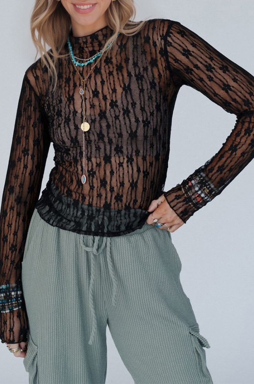 White Sheer Floral Lace Long Sleeve Slim Fit Top