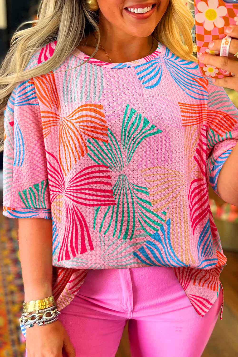 Sky Blue Bowknot Printed Waffle Crewneck Loose Short Sleeve Top