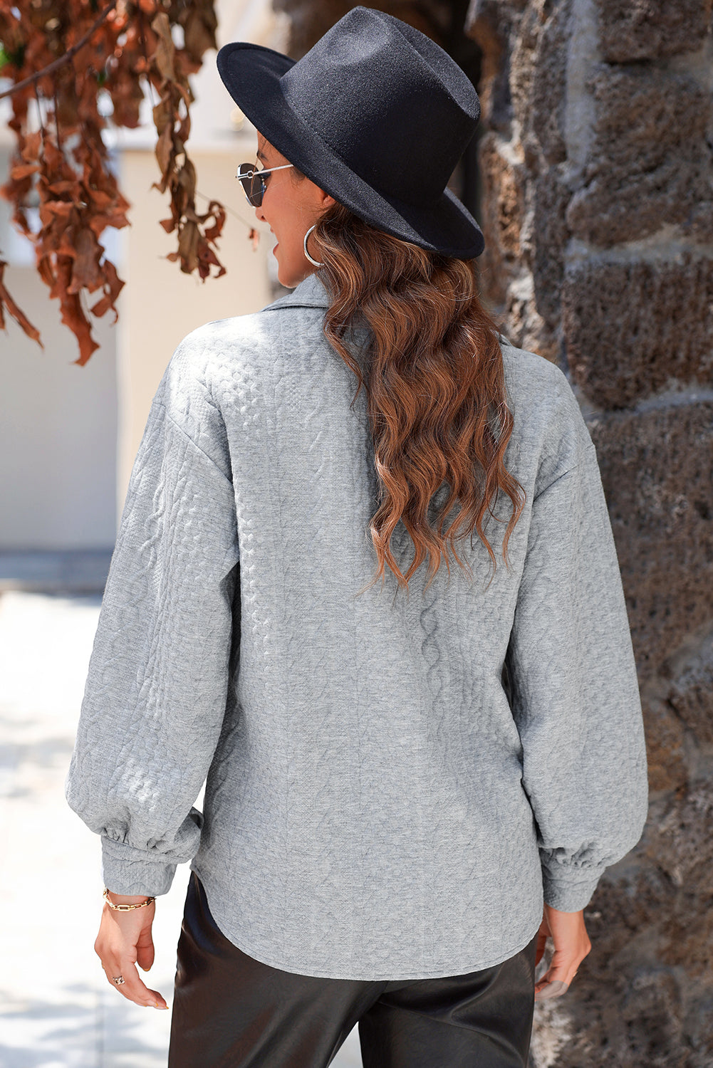 Black Cable Texture Puff Sleeve Loose Shacket