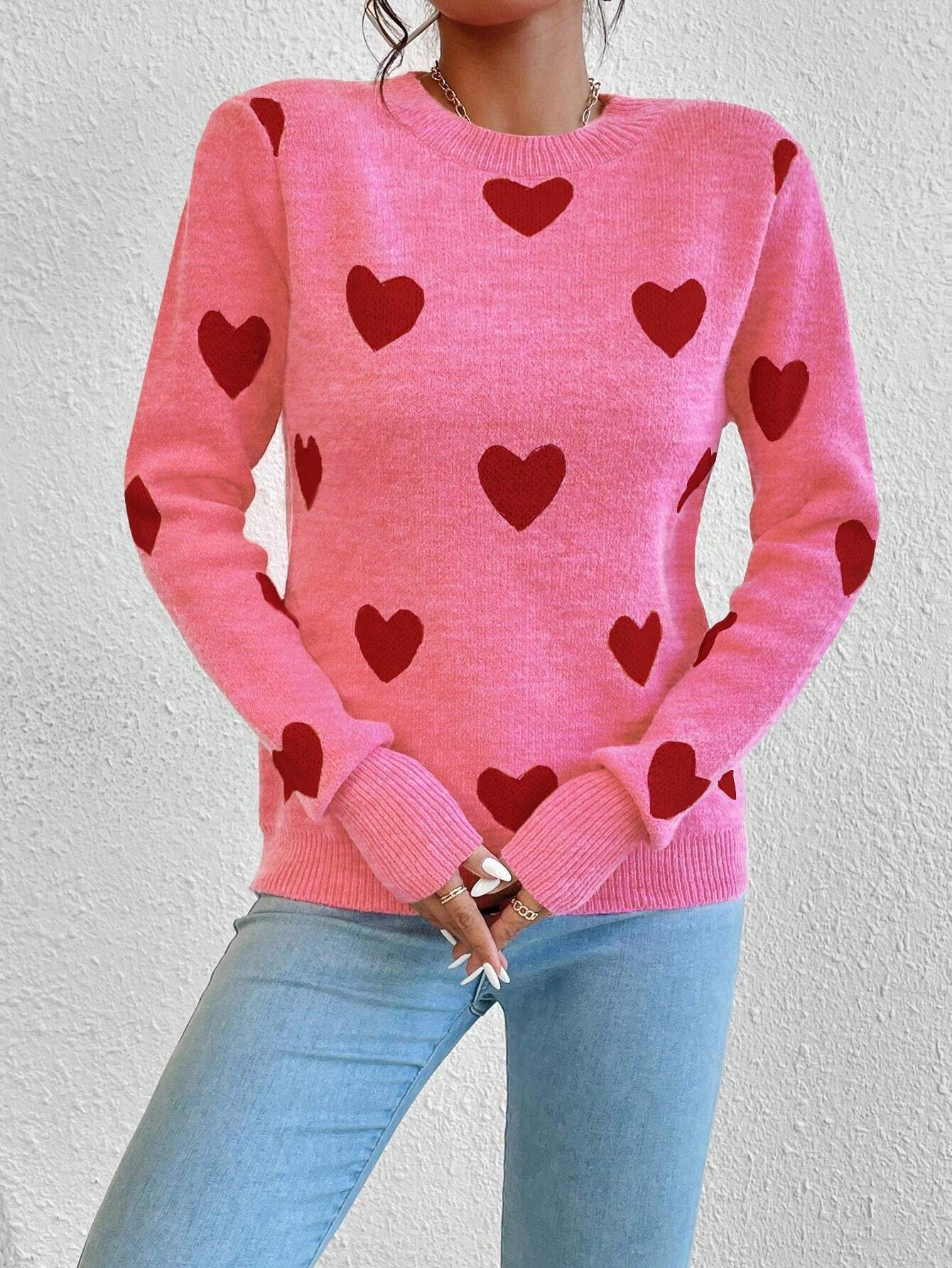 Leisure Heart Jacquard Long Sleeve Crew Neck Pullover Sweater