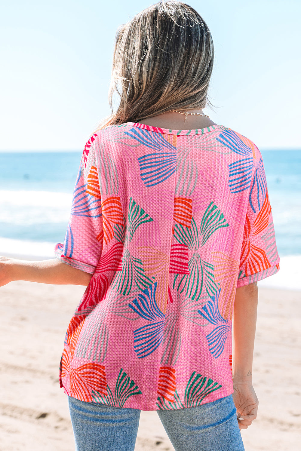 Sky Blue Bowknot Printed Waffle Crewneck Loose Short Sleeve Top
