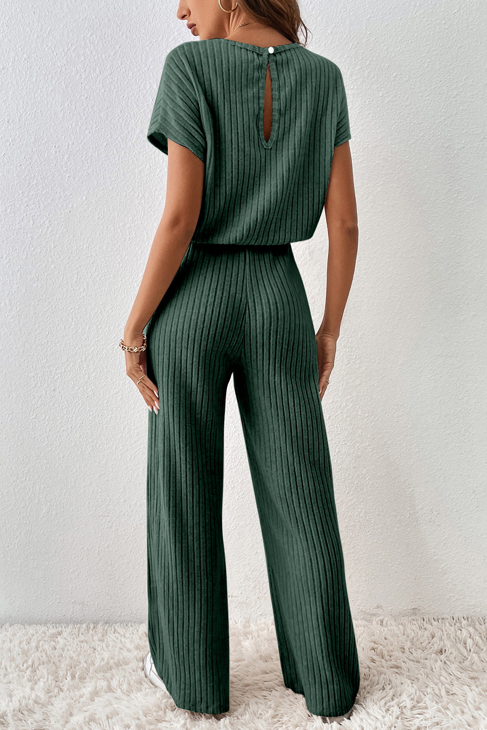 Dusk Blue Ribbed Keyhole Short Sleeve Wide Leg Jumpsuit