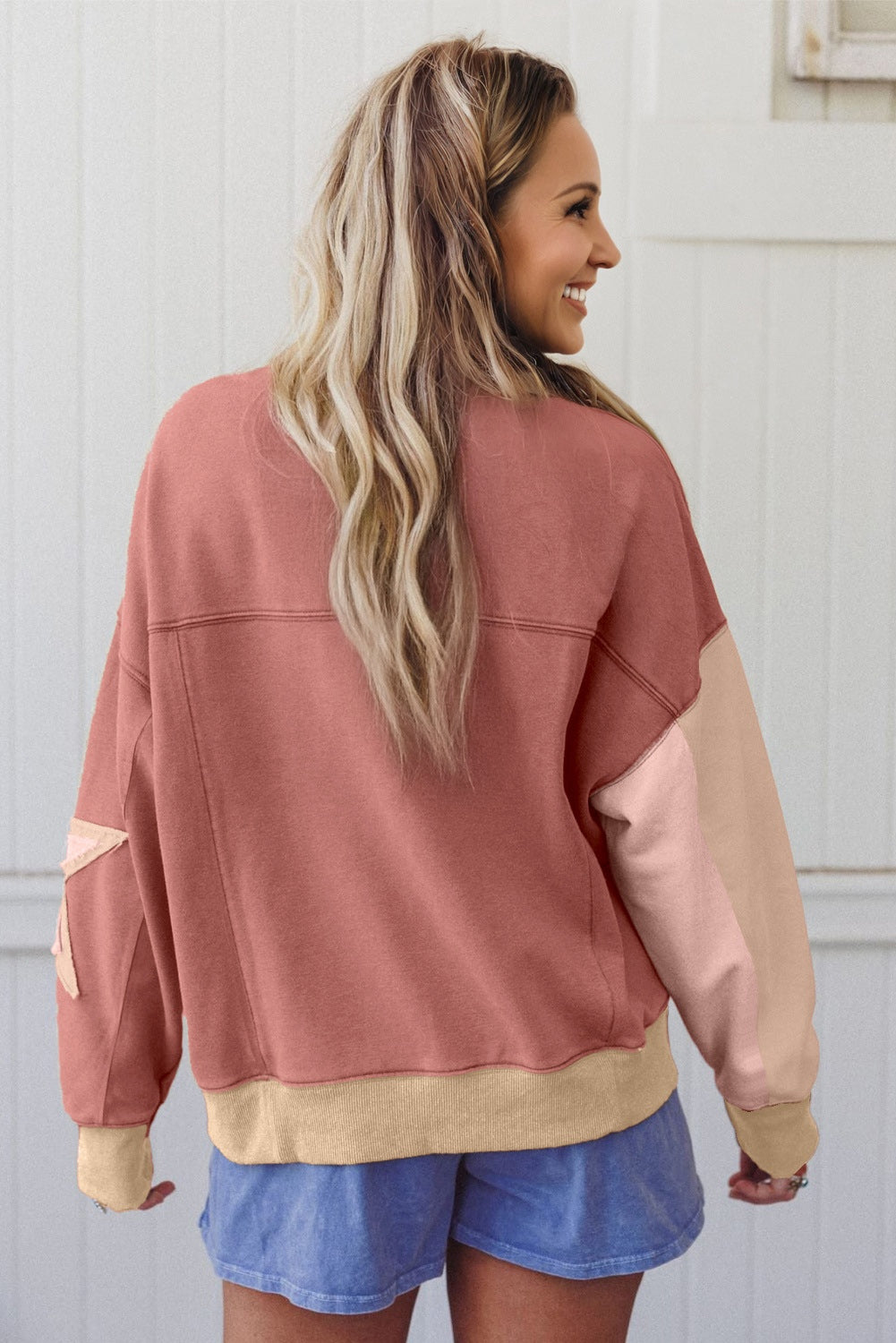 Rose Pink Contrast Star Patchwork Exposed Seam Uneven Hem Drop Shoulder Sweatshirt
