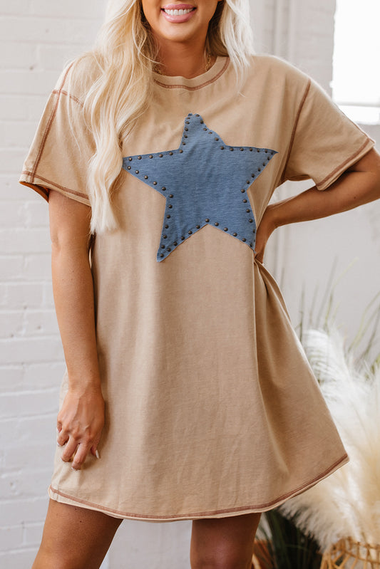 Pale Khaki Mineral Wash Stud Beaded Star Graphic Pocketed T Shirt Dress