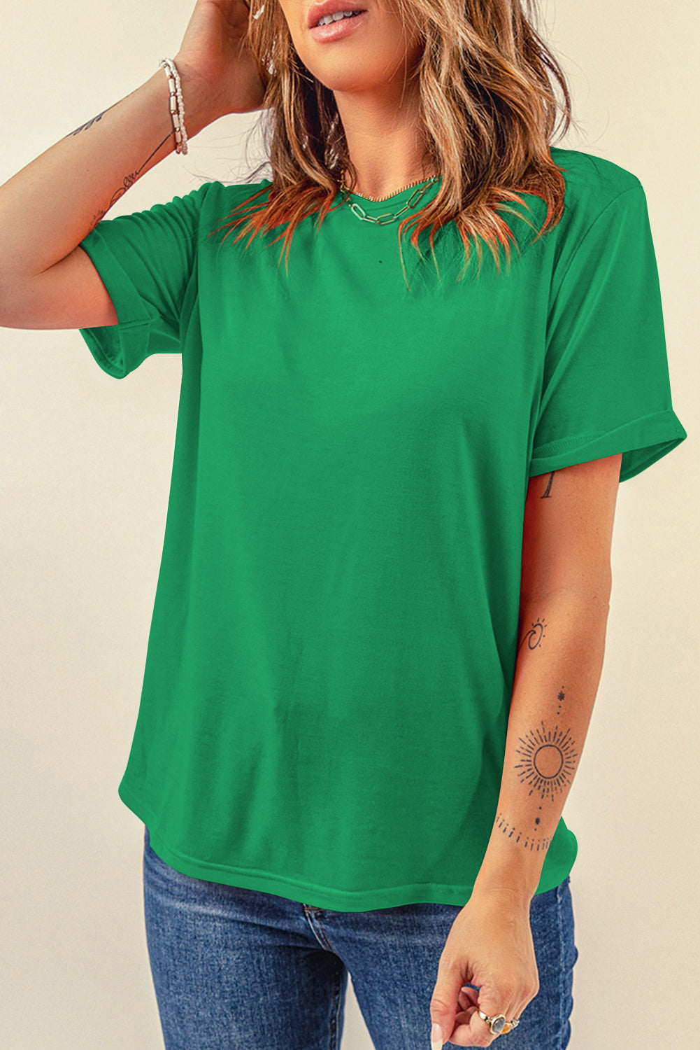 Red Casual Plain Crew Neck Tee