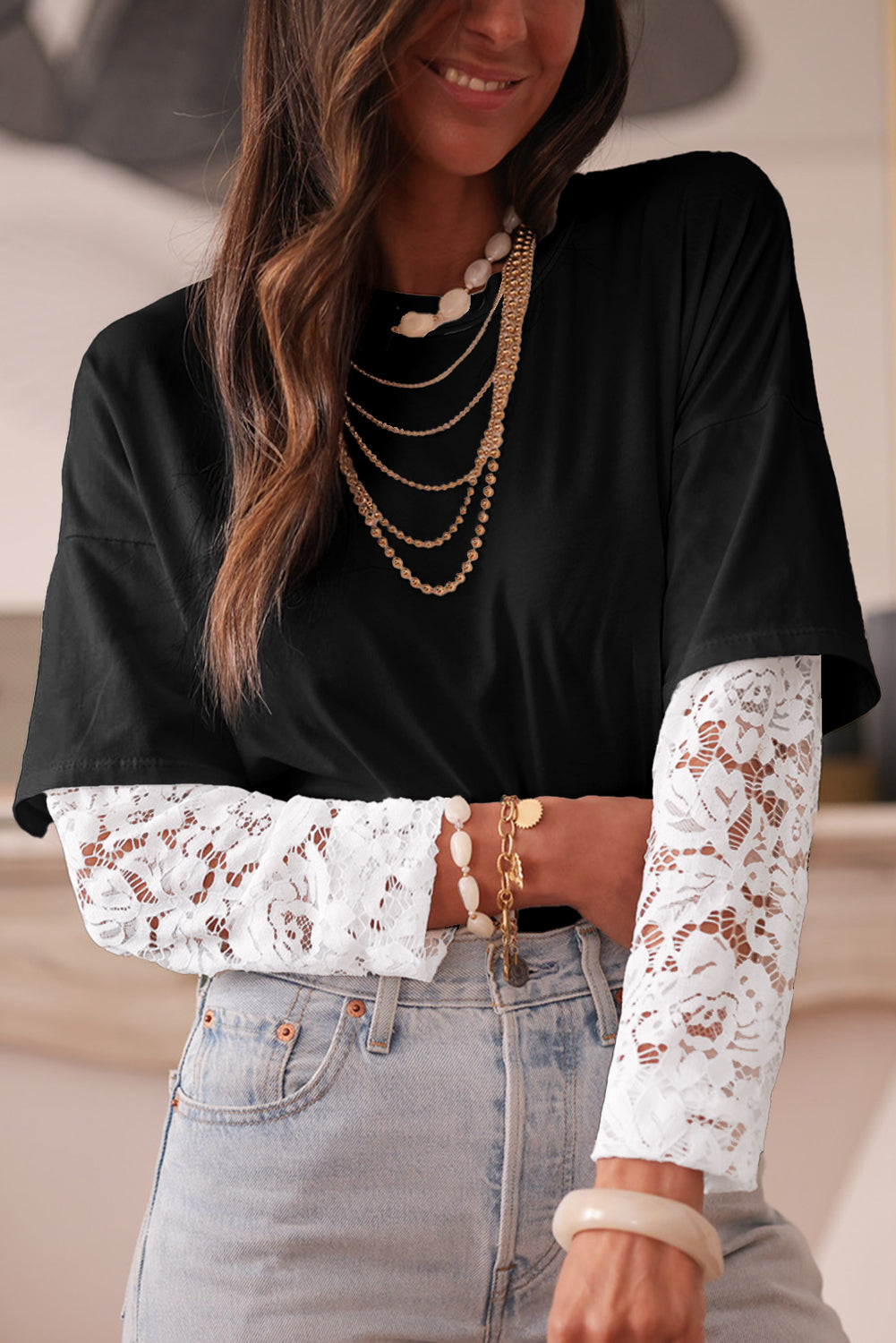 White Lace Long Sleeve Insert Drop Shoulder Tee