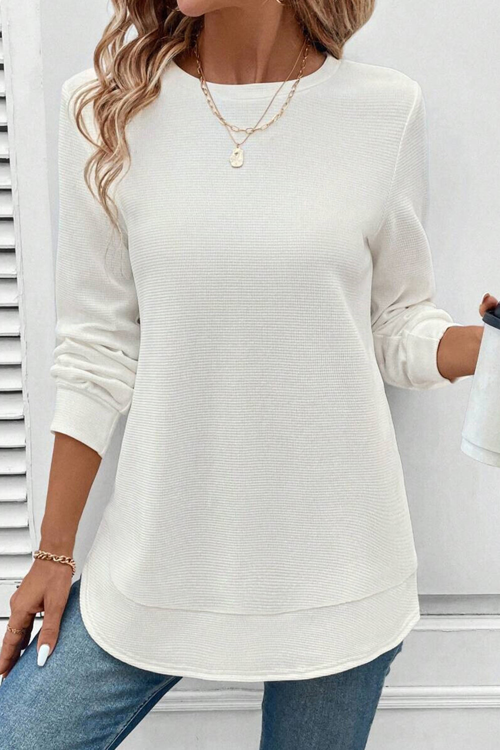 White Rounded Hem Waffle Long Sleeve Top