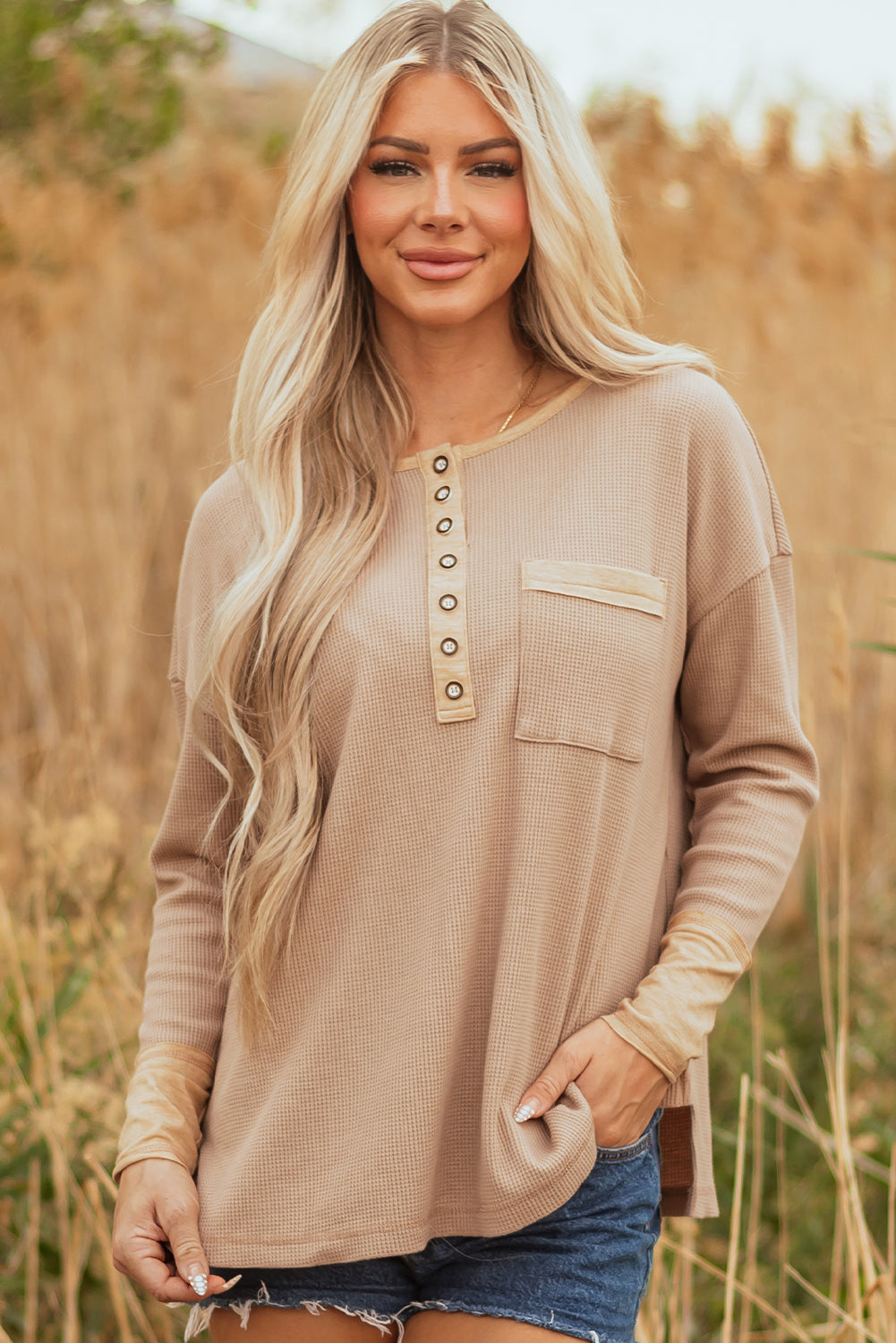 Vineyard Green Color Block Waffle Textured Tunic Henley Top with Slits