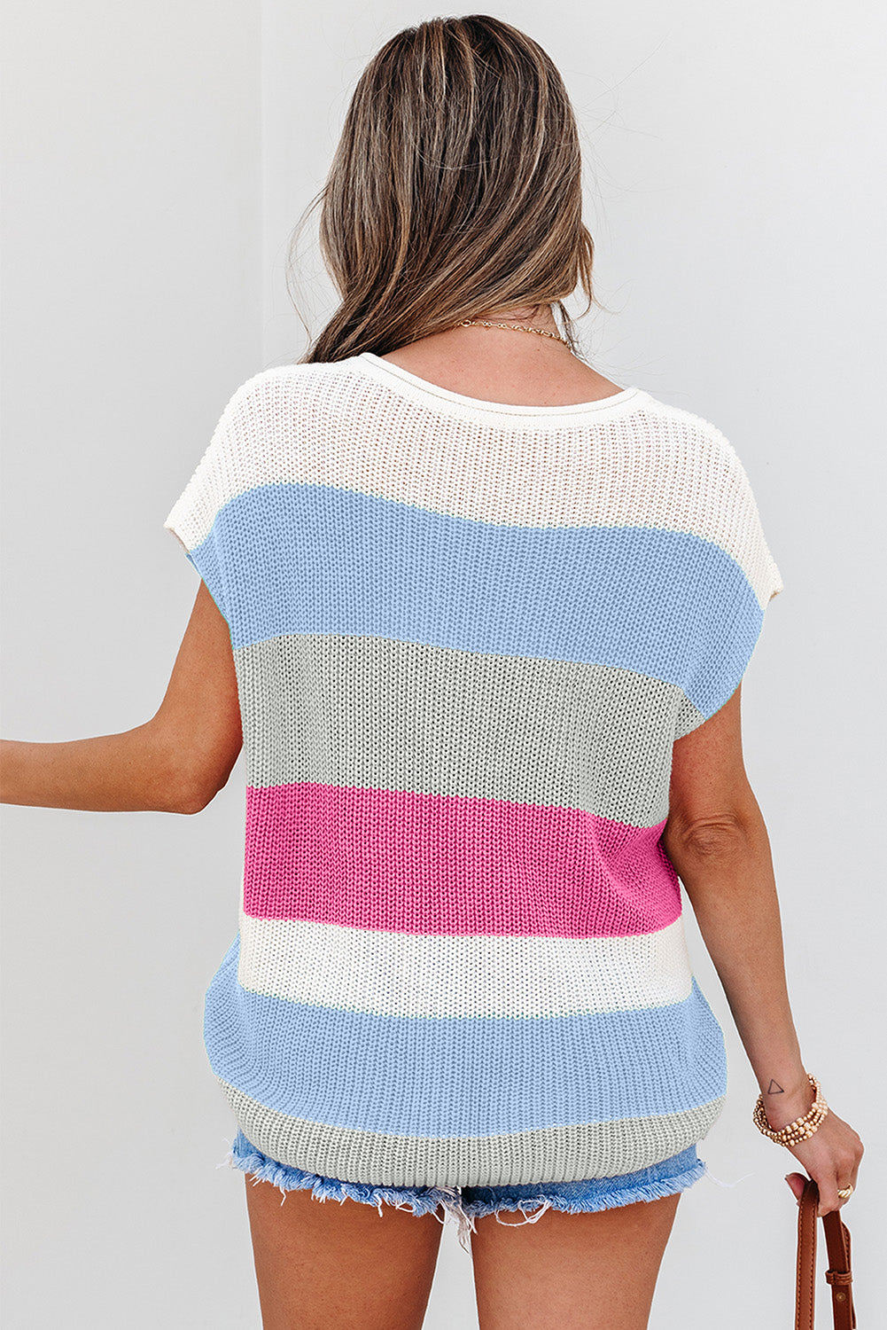 Multicolour Color Block Notch V Neck Sweater T Shirt