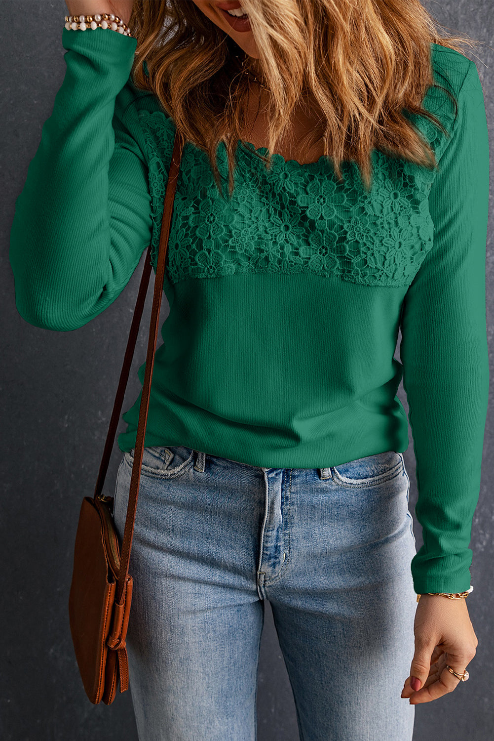 Sky Blue Lace Crochet V Neck Long Sleeve Top