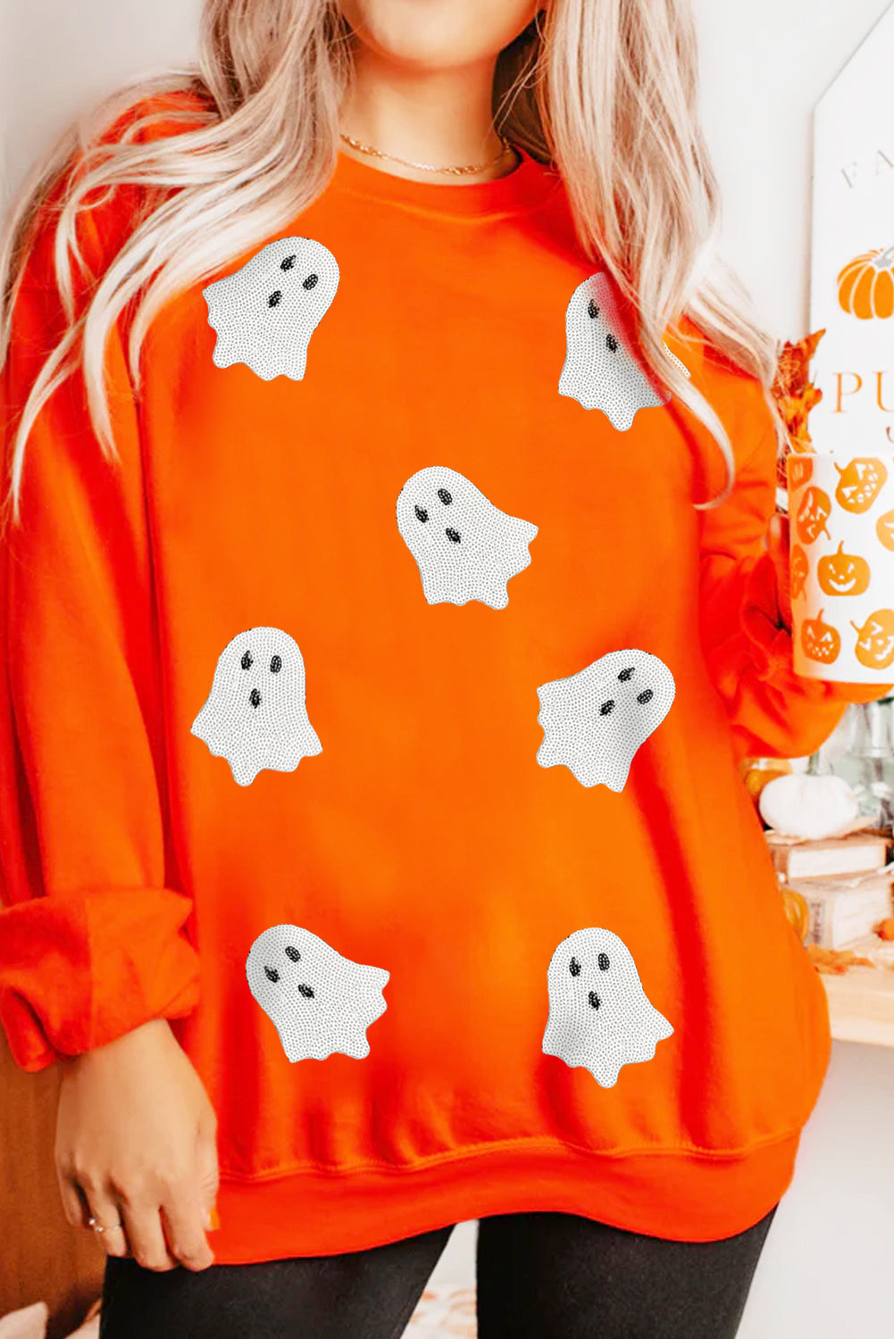 Orange Sequin Halloween Ghost Patched Drop Shoulder Sweatshirt