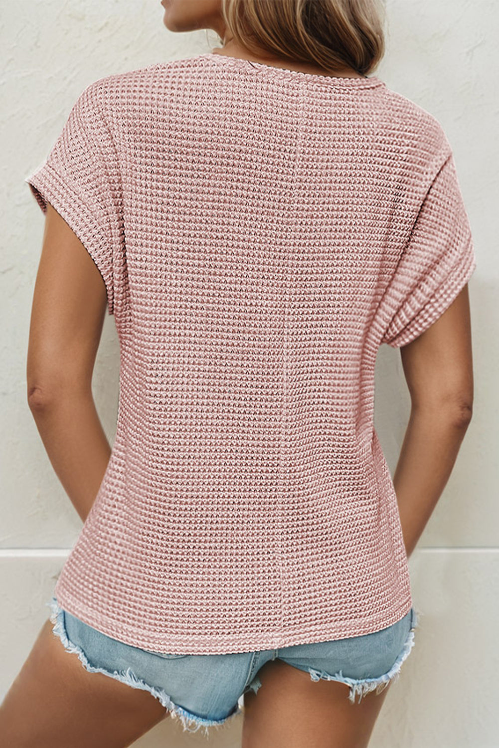 Mist Green Lace Patchwork Waffle Short Sleeve Top