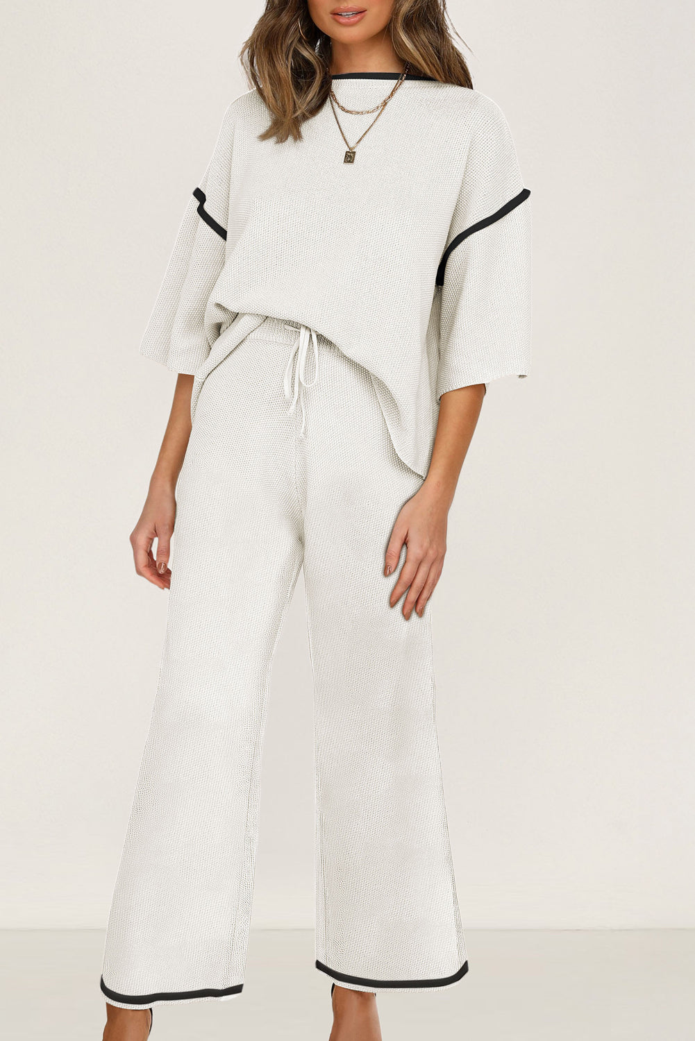 Camel Contrast Trim Half Sleeve Top Drawstring Pants Loose 2pcs Sweater Suit