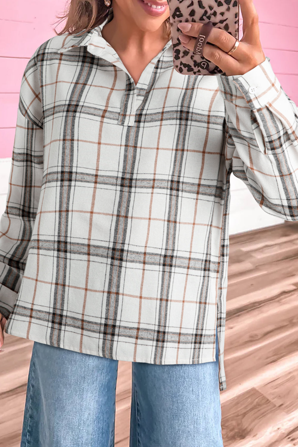 Red Plaid Print Collared V Neck Loose Blouse with Side Slits