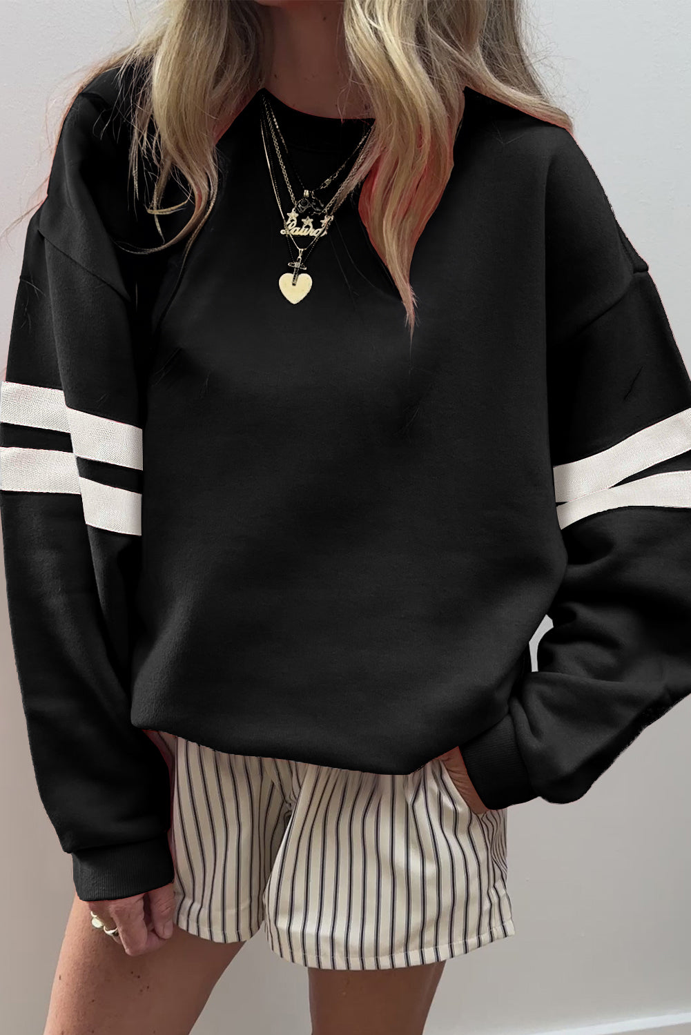 Navy Blue Varsity Striped Detail Drop Shoulder Oversized Sweatshirt