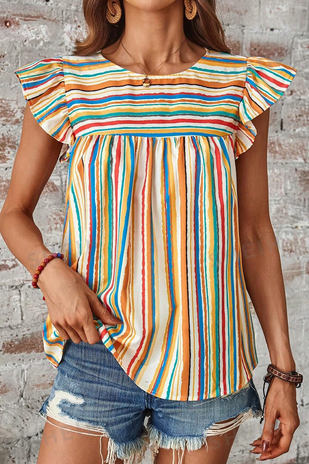 Multicolour Vibrant Stripes Printed Flutter Sleeve Babydoll Blouse
