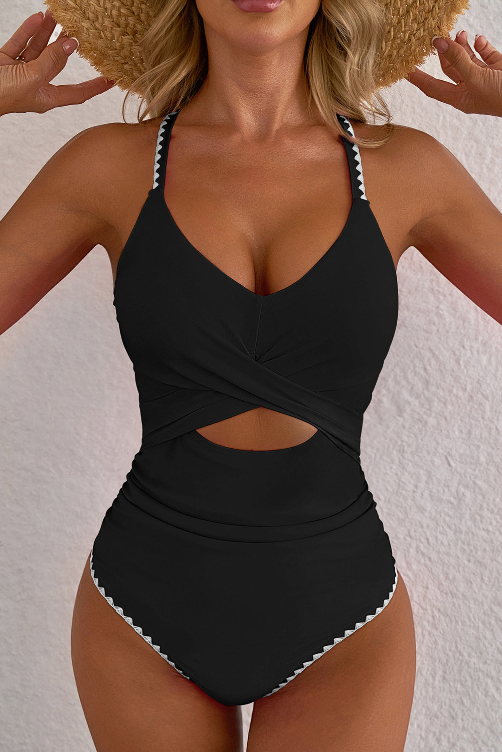 Black Ric Rac Trim Contrasted Patchwork Cutout One Piece Swimsuit