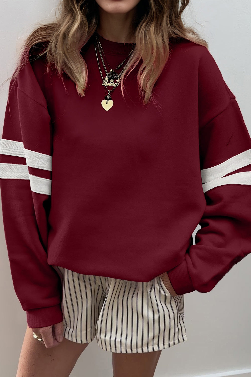 Sky Blue Varsity Striped Detail Drop Shoulder Oversized Sweatshirt