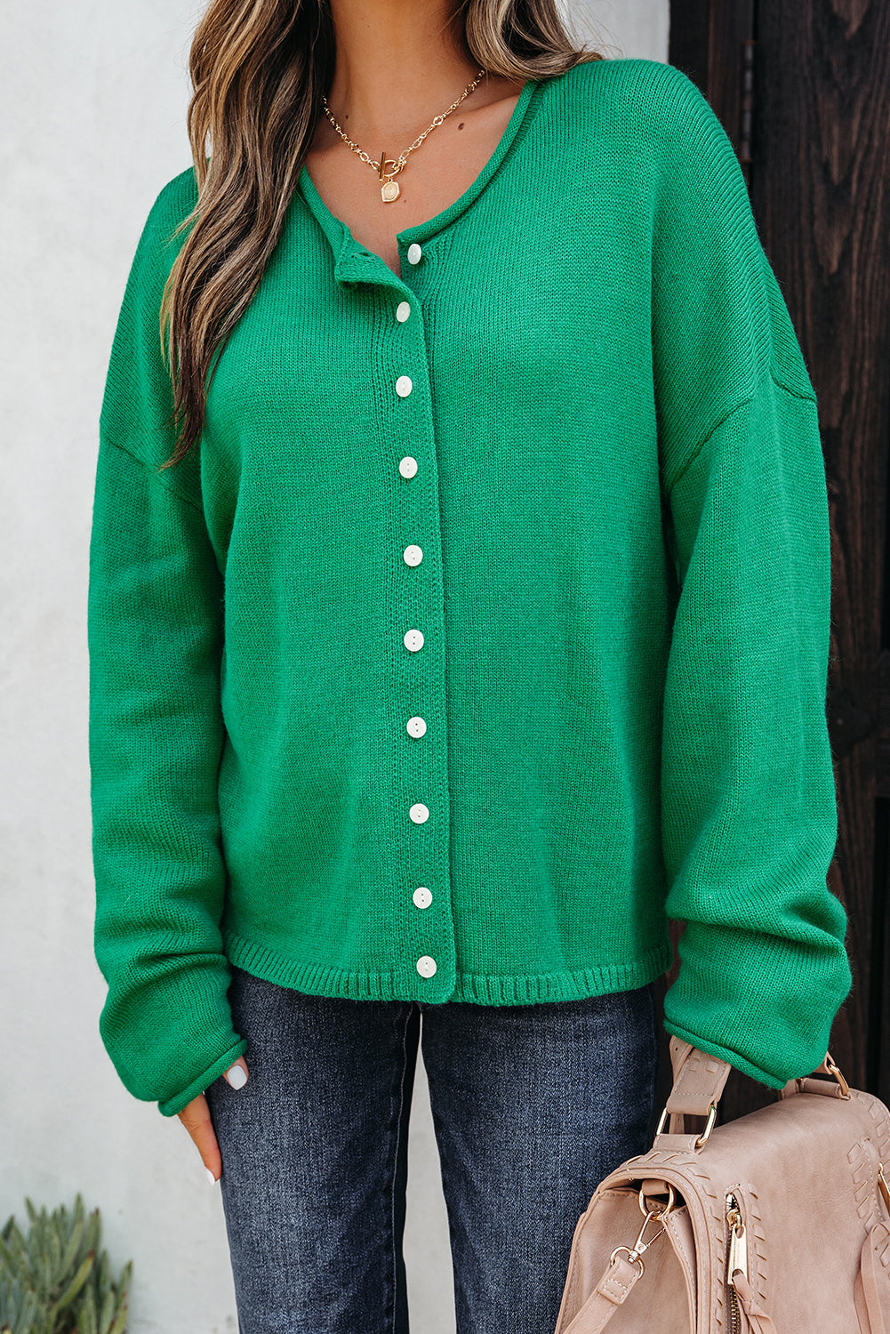 Bright Green Solid Color Knit Button Drop Shoulder Sweater Cardigan