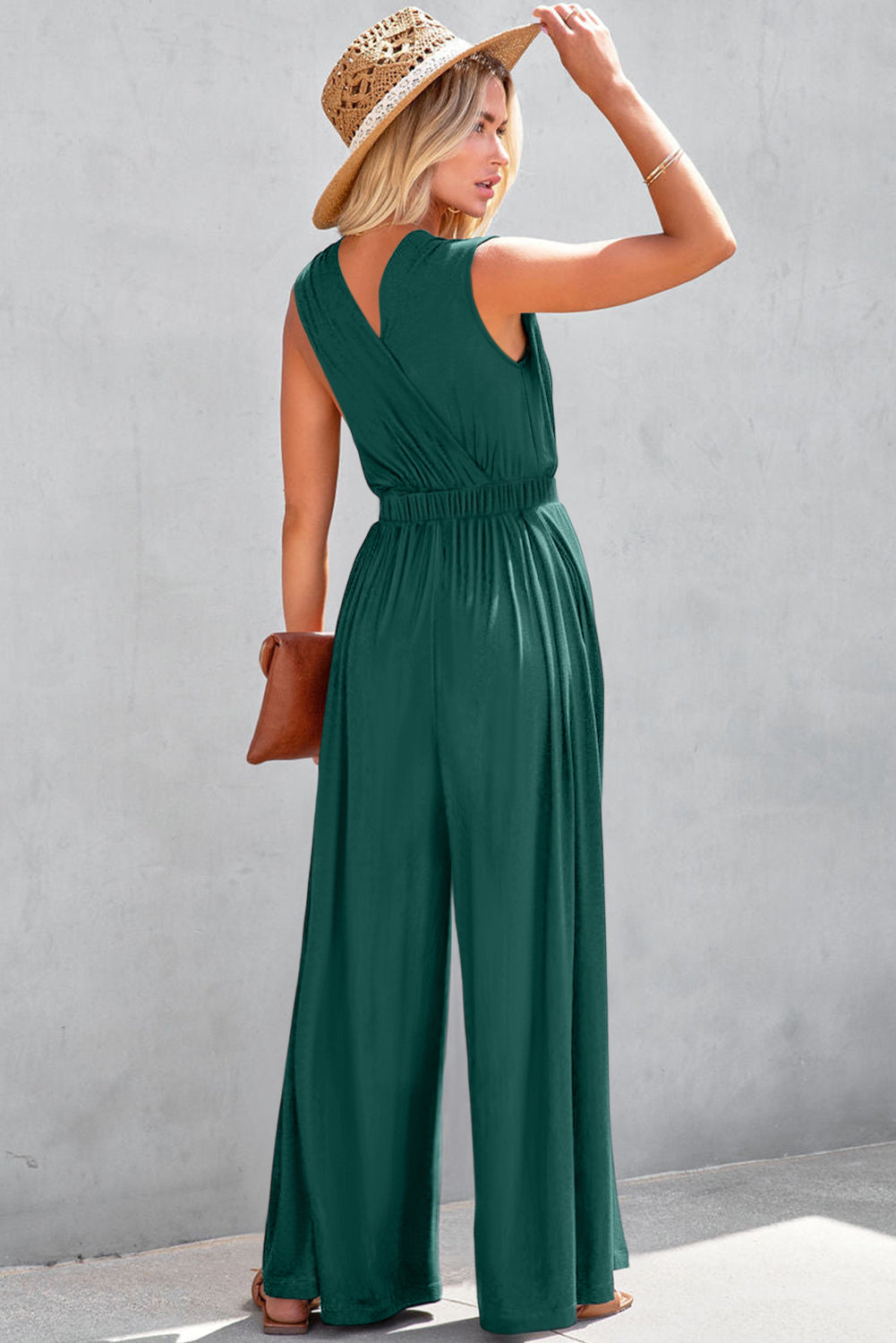 Black Deep V Pleated Crisscross Wide Leg Backless Jumpsuit