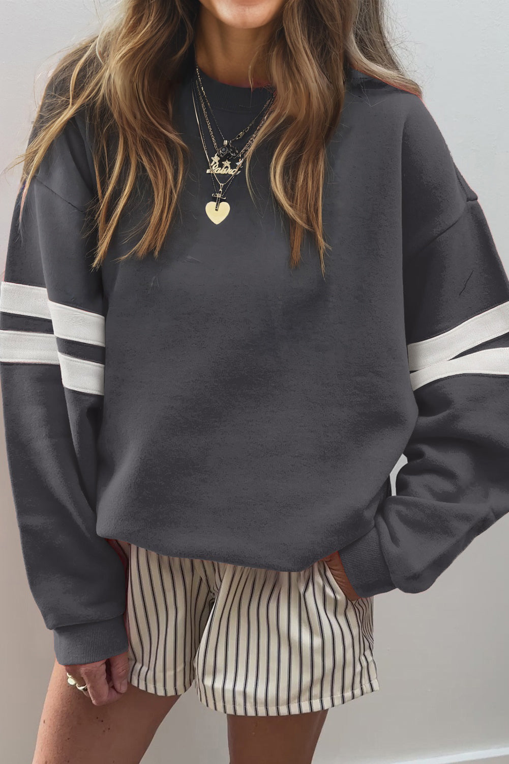 Sky Blue Varsity Striped Detail Drop Shoulder Oversized Sweatshirt