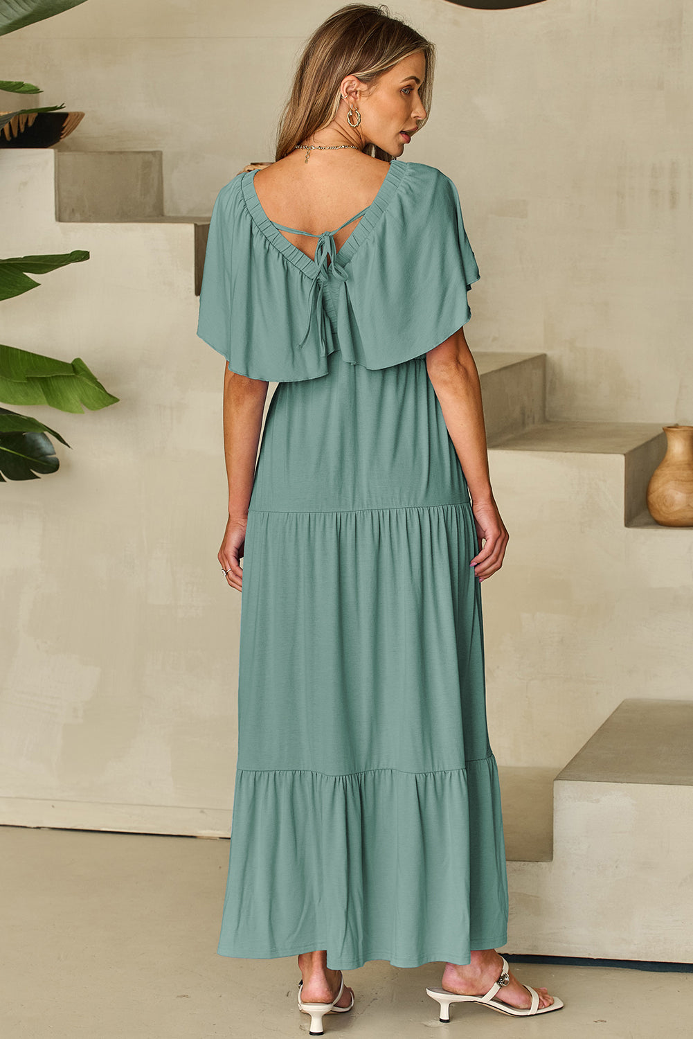 Grass Green Textured V Neck Flutter Sleeve Ruffled Maxi Dress