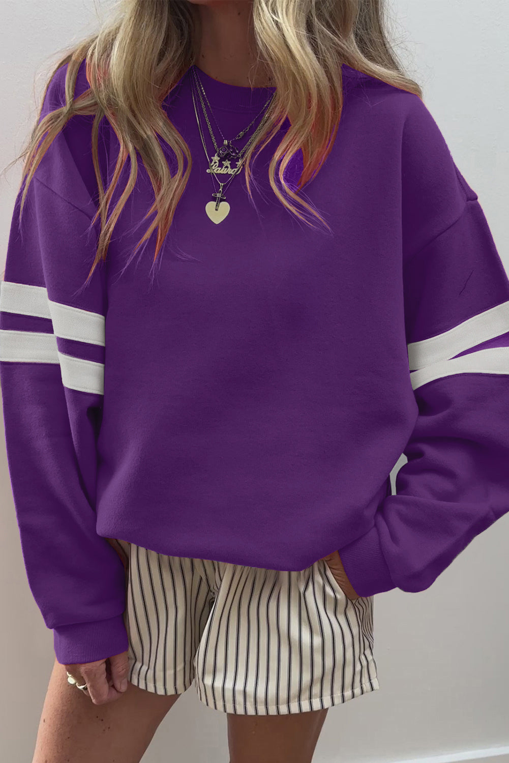 Navy Blue Varsity Striped Detail Drop Shoulder Oversized Sweatshirt