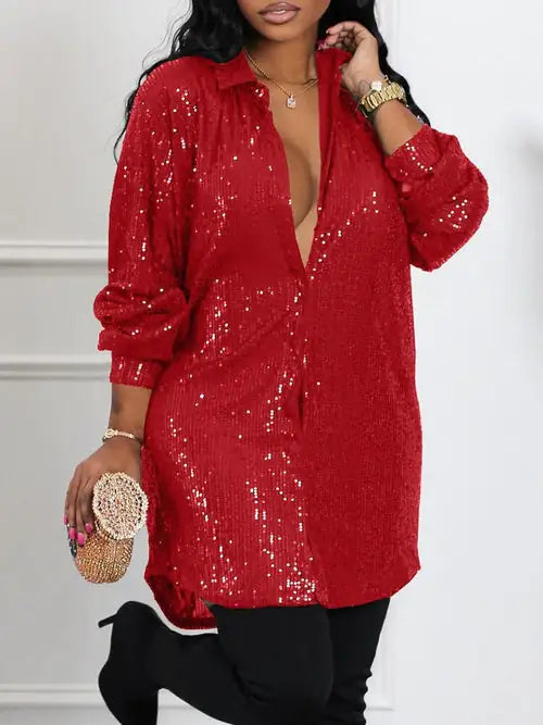 Long Sleeve Allover Sequin Shirt Dress