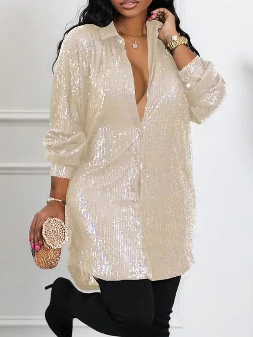 Long Sleeve Allover Sequin Shirt Dress